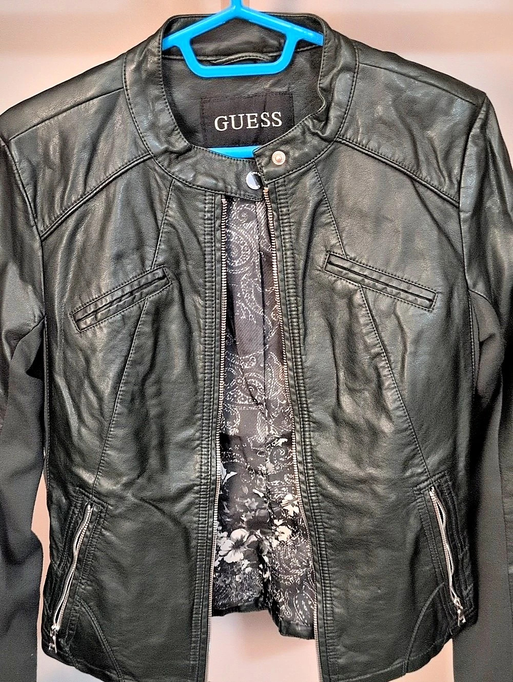 GUESS Faux Leather Moto Jacket Size Small Dark Green